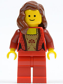 LEGO® Minifigure - Town - Palace Cinema Guest - Female, Corset with Gold Panel Front and Lace Up Back, Red Legs, Reddish Brown Hair over Shoulder - twn180